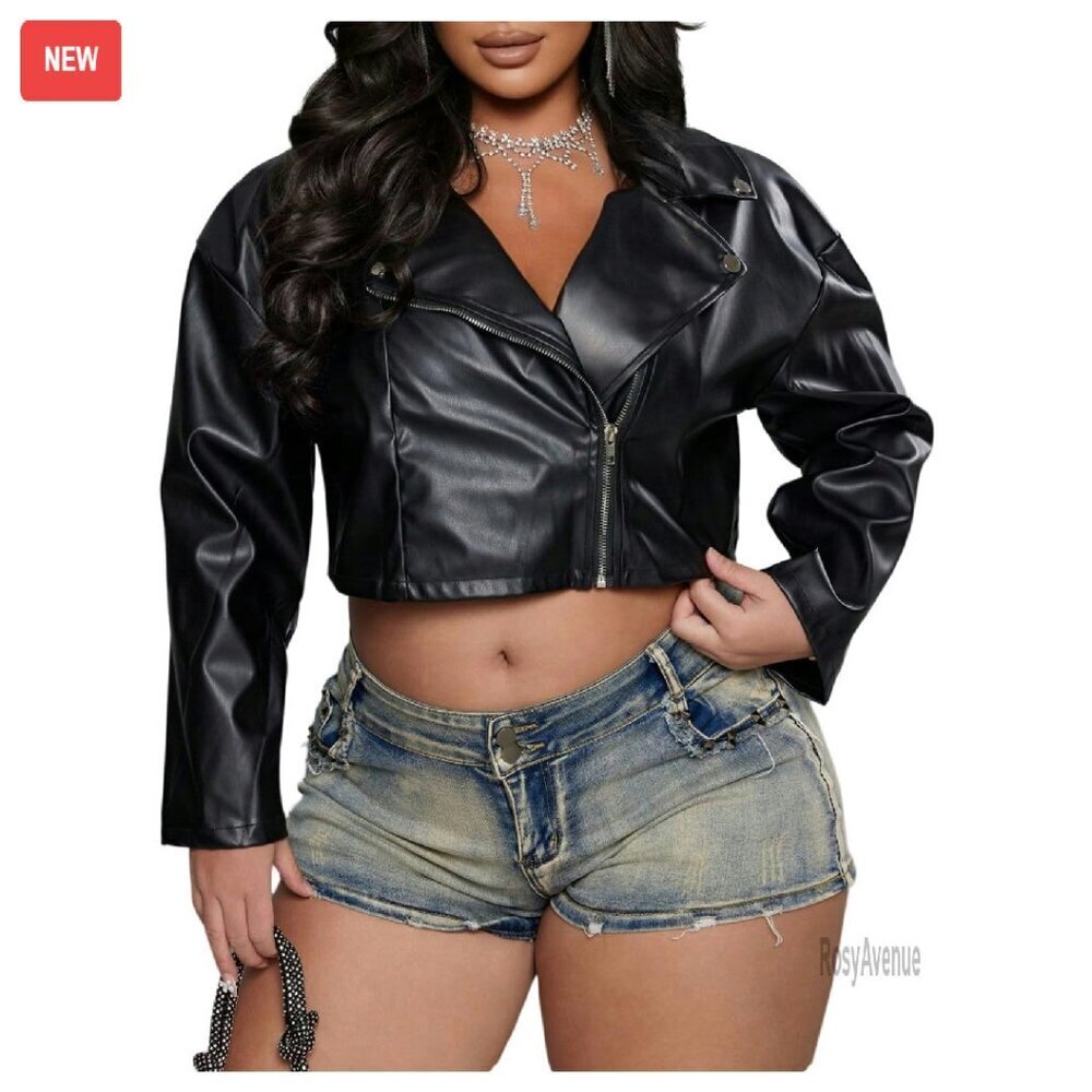 Plus Size Faux Leather Jacket Zip Bomber Crop Motorcycle Biker Coat